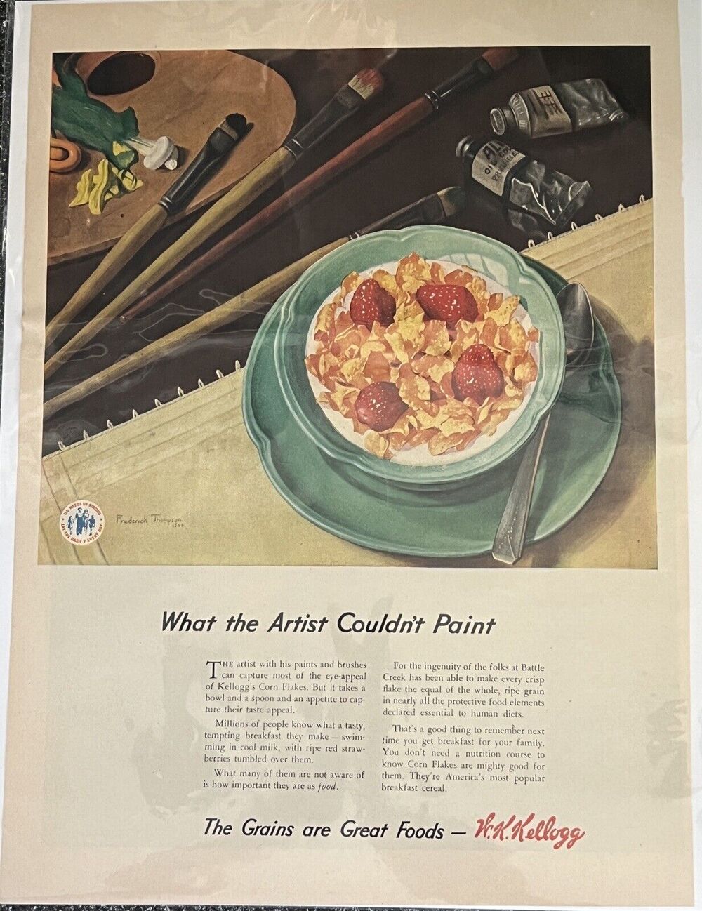 Vtg 1940s Kelloggs Corn Flakes Cereal Print Ad Mount Clemens Petal Ware Artist